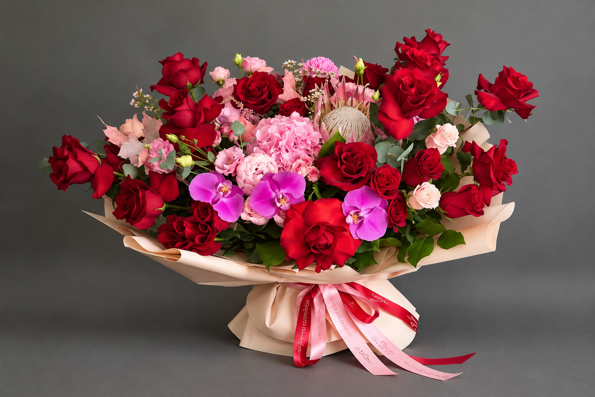 "Royal Passion" Imperial Bouquet – Red Roses, Protea and Pink Flowers