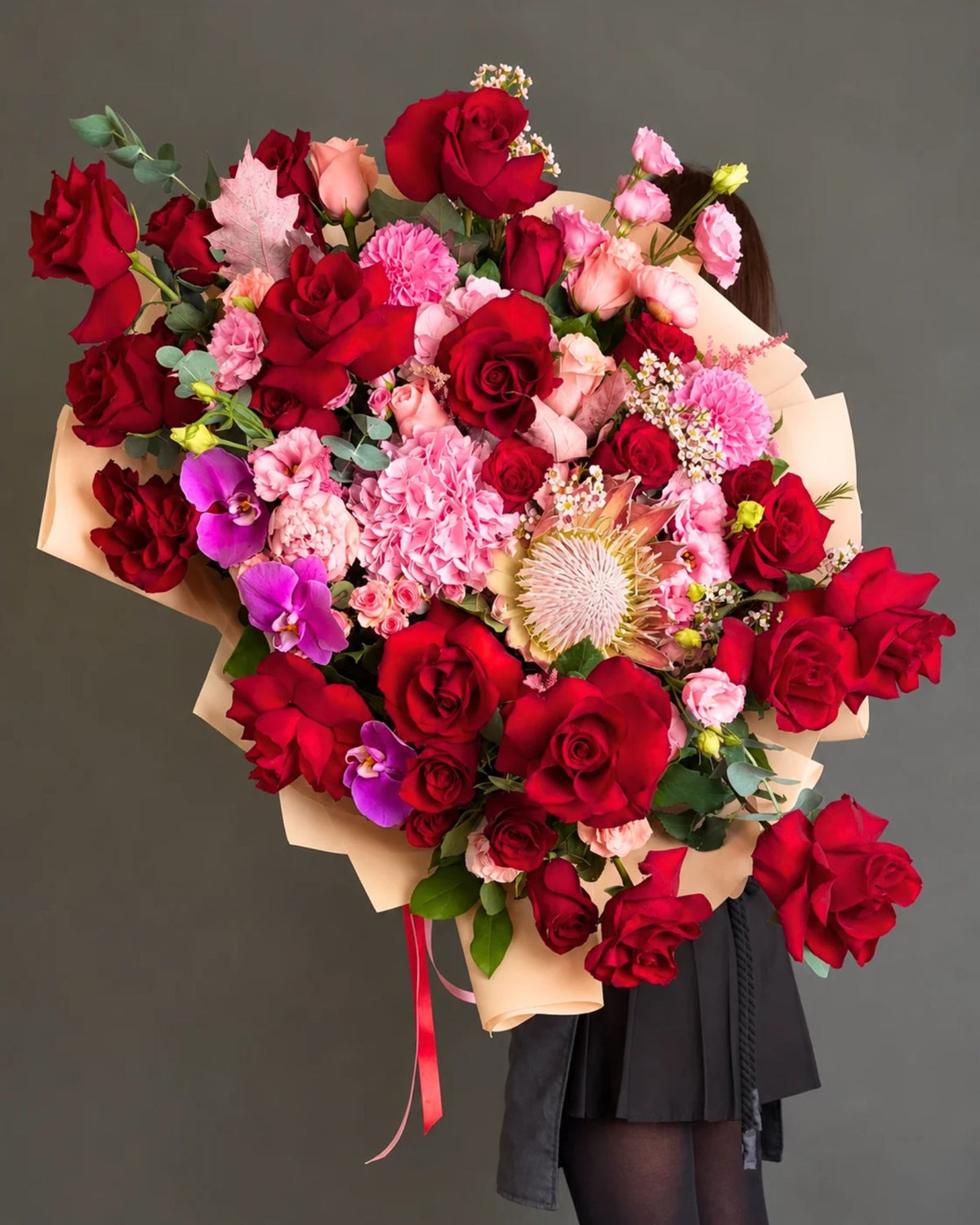 "Royal Passion" Imperial Bouquet – Red Roses, Protea and Pink Flowers