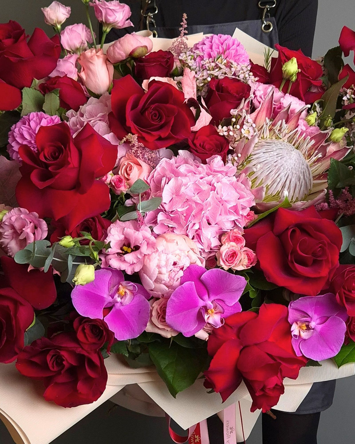 "Royal Passion" Imperial Bouquet – Red Roses, Protea and Pink Flowers