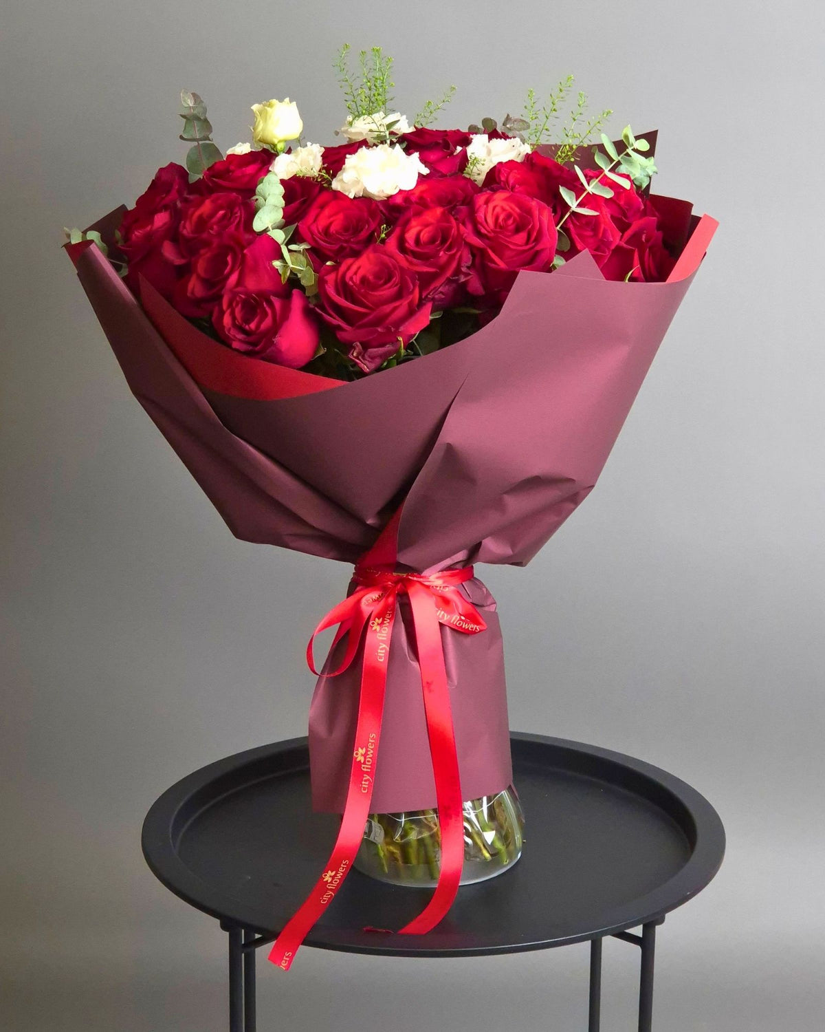 Rose and Lisianthus Bouquet – "Burgundy Elegance"