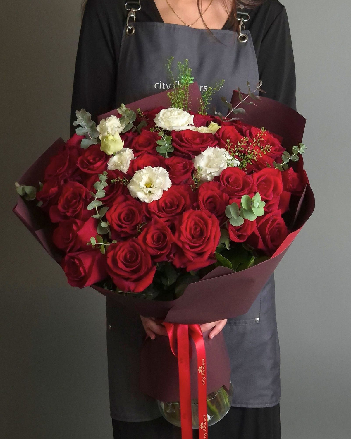 Rose and Lisianthus Bouquet – "Burgundy Elegance"