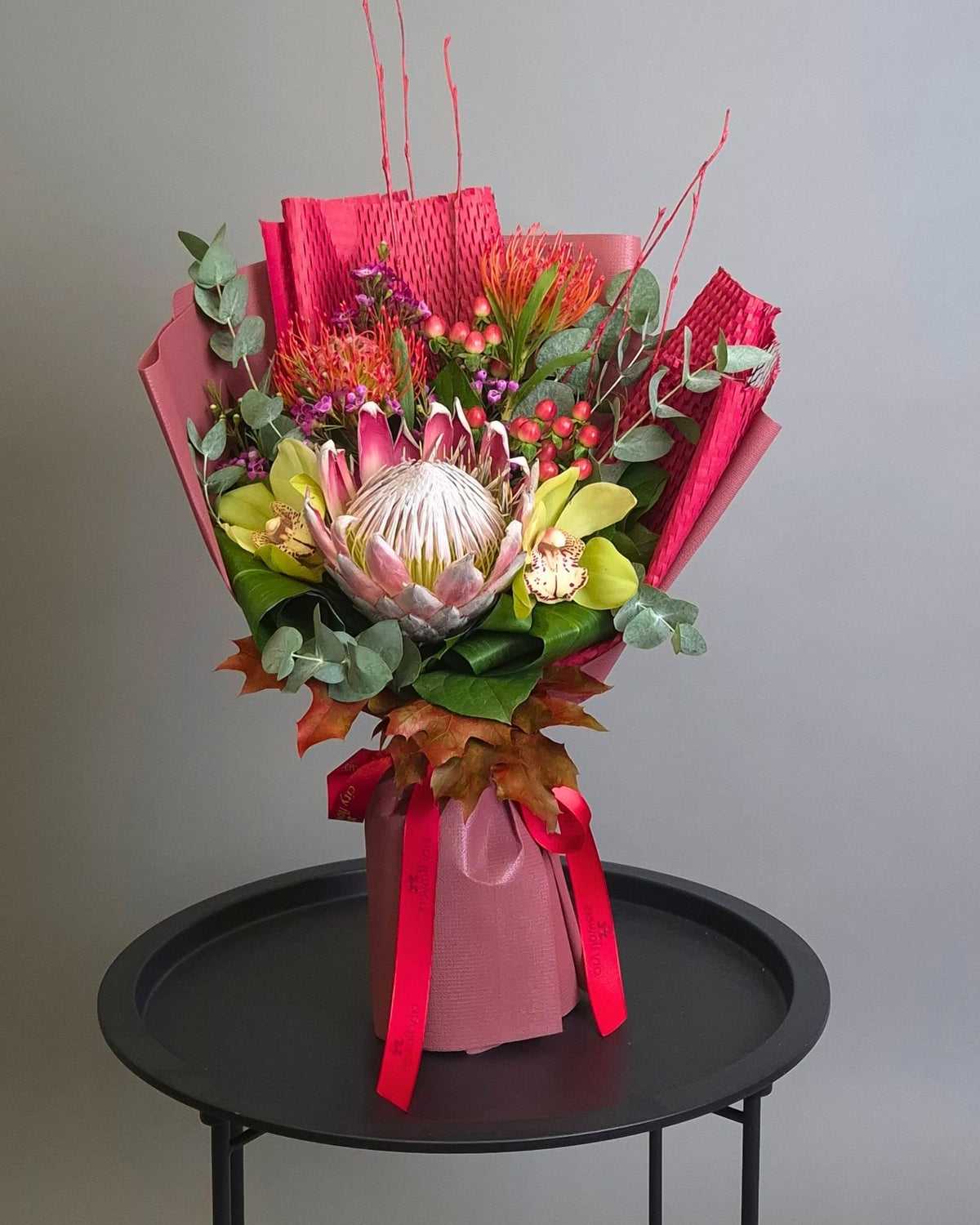 "Tropical Autumn" Exotic Flower Bouquet – Protea, Leucospermum and Orchids