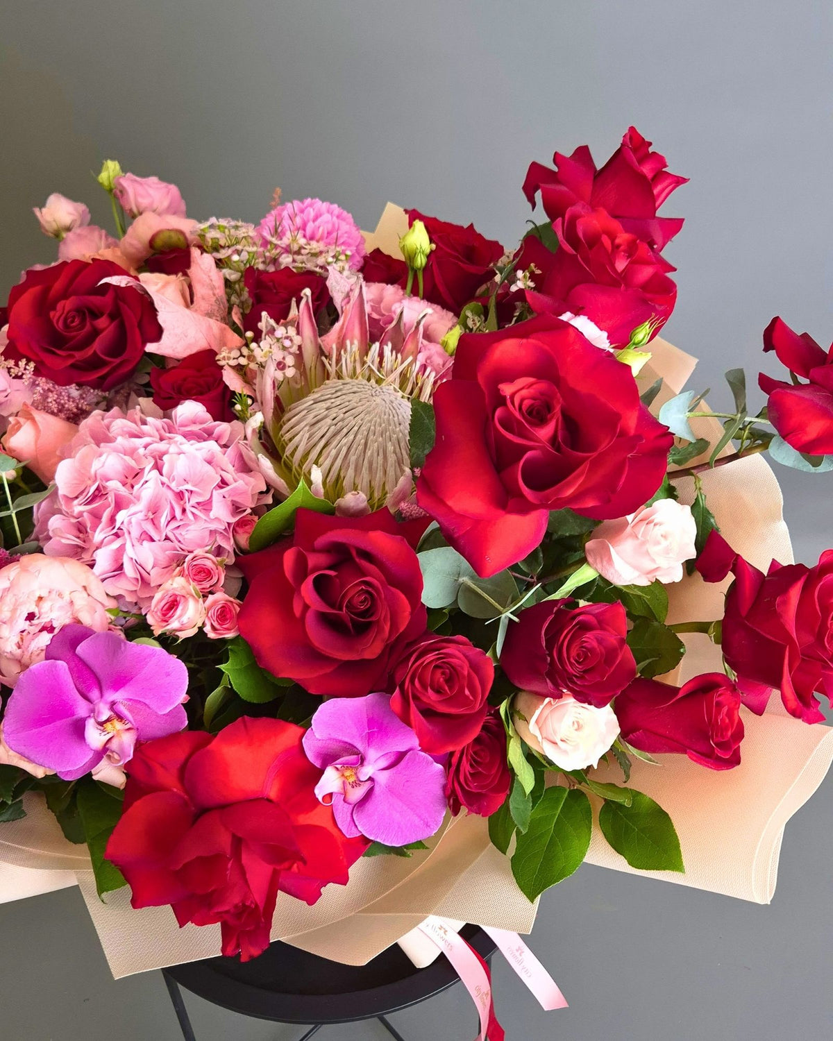 "Royal Passion" Imperial Bouquet – Red Roses, Protea and Pink Flowers