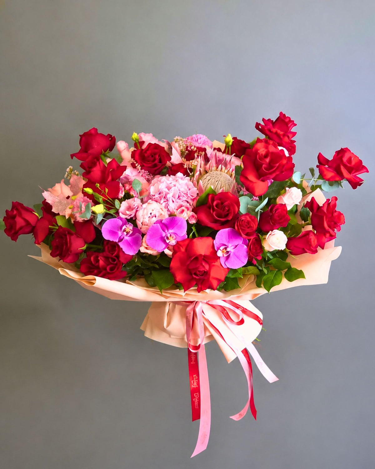 "Royal Passion" Imperial Bouquet – Red Roses, Protea and Pink Flowers