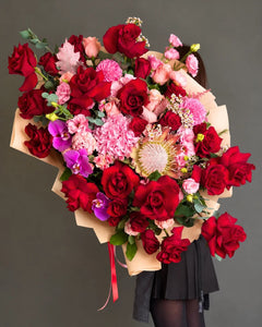 "Royal Passion" Imperial Bouquet – Red Roses, Protea and Pink Flowers