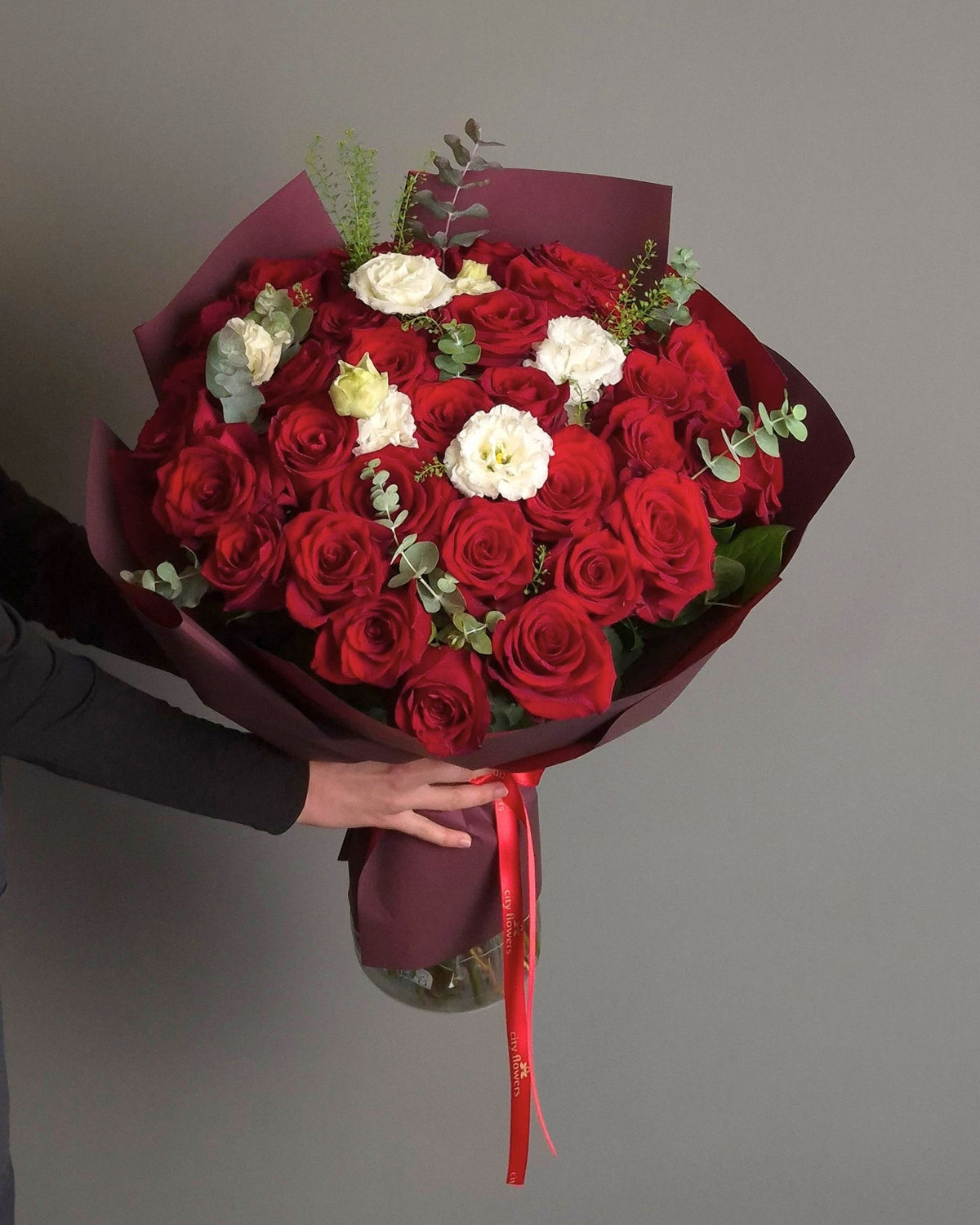 Rose and Lisianthus Bouquet – "Burgundy Elegance"