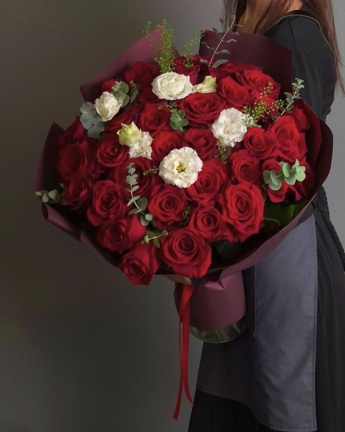Rose and Lisianthus Bouquet – "Burgundy Elegance"