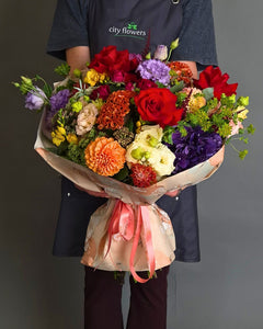 "Majestic Celebration" Flower Bouquet – Roses, Dahlias, and Hydrangea