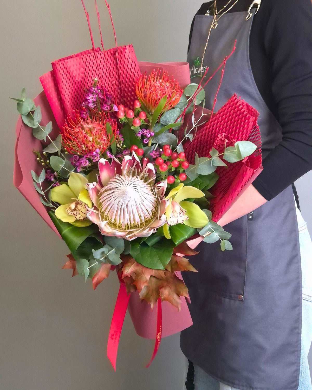 "Tropical Autumn" Exotic Flower Bouquet – Protea, Leucospermum and Orchids
