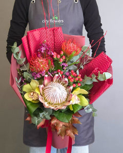 "Tropical Autumn" Exotic Flower Bouquet – Protea, Leucospermum and Orchids