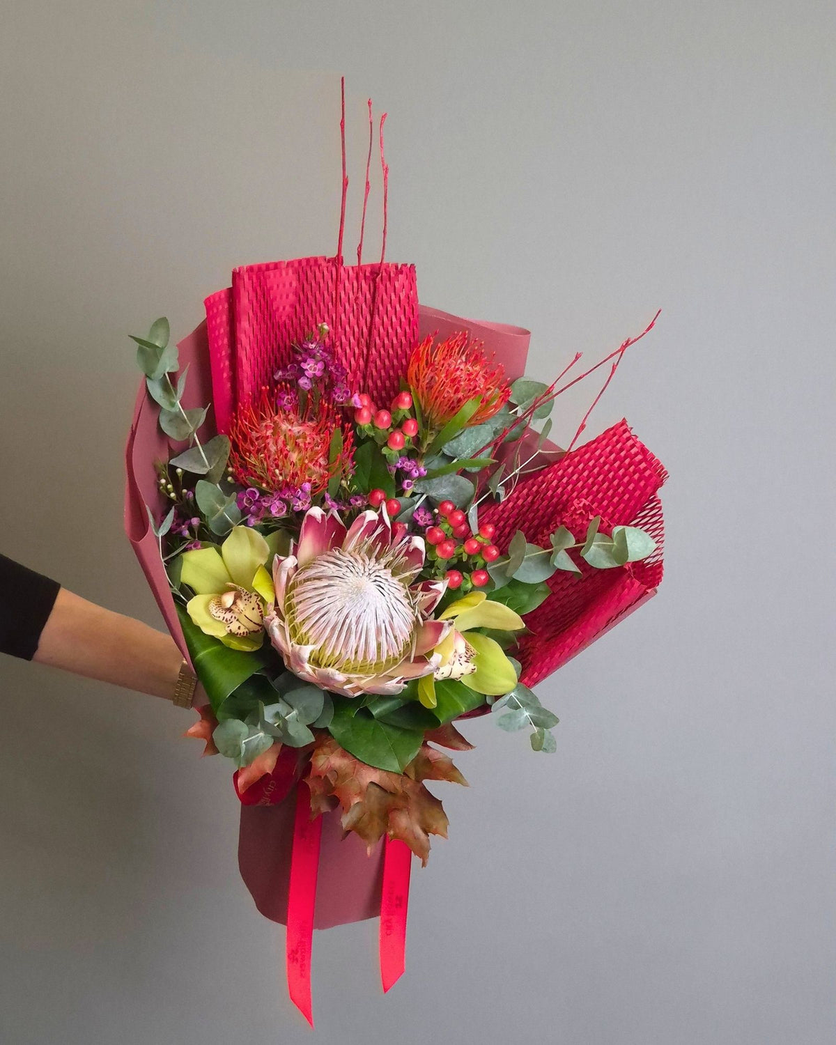 "Tropical Autumn" Exotic Flower Bouquet – Protea, Leucospermum and Orchids